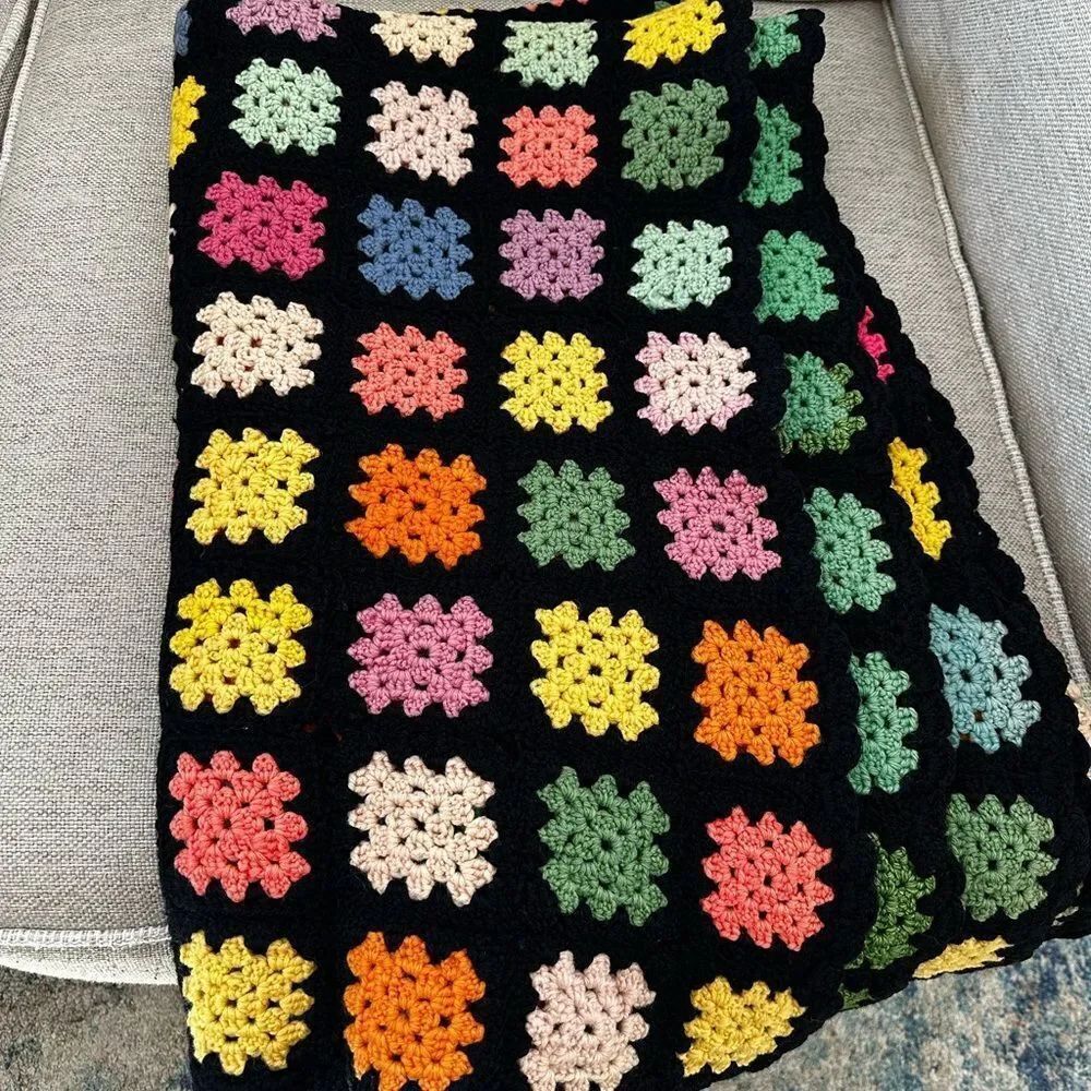 Vintage Colorful Crochet Granny Square Afghan Blanket